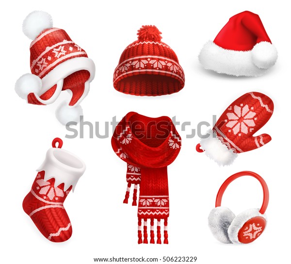 冬の服 サンタのストッキング帽 ニットハット クリスマスソックス スカーフ ミッテン イヤマフ 3dベクター画像アイコン のベクター画像素材 ロイヤリティフリー 506223229