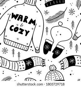 Winter clothes seamless pattern, Hat and scarf, sweater and mittens and scandinavian design and xmas accessories doodle vector design textile, wrapping paper, wallpaper vector texture background