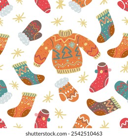 Winter clothes seamless pattern. Jumper, socks, gloves on white background. Christmas ugly sweater and warm clothing ornament. 