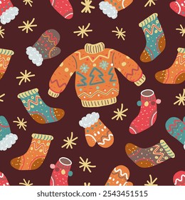 Winter clothes seamless pattern. Jumper, socks, gloves on dark red background. Christmas ugly sweater and warm clothing ornament. 