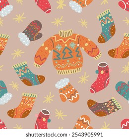 Winter clothes seamless pattern. Jumper, socks, gloves on beige background. Christmas ugly sweater and warm clothing ornament. 