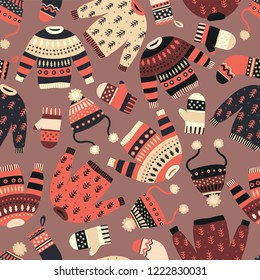 Winter clothes seamless vector pattern. Hand drawn cozy and warm mitten, glove, hat, sweater. Female knitted wool accessories seamless background. Scandinavian Winter wear. Norwegian knit fashion.
