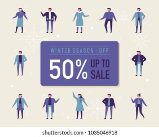  Winter clothes season discount ad. vector illustration flat design