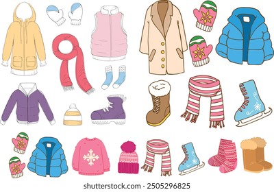 Winter clothes set. Cartoon winter wardrobe with casual and elegant clothing, male and female cold weather outfits. Vector winter wardrobe with footwear, coats, bags warm hats and sweaters