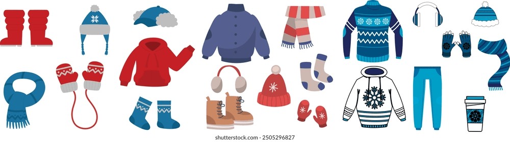 Winter clothes set. Cartoon winter wardrobe with casual and elegant clothing, male and female cold weather outfits. Vector winter wardrobe with footwear, coats, bags warm hats and sweaters