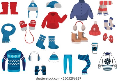 Winter clothes set. Cartoon winter wardrobe with casual and elegant clothing, male and female cold weather outfits. Vector winter wardrobe with footwear, coats, bags warm hats and sweaters