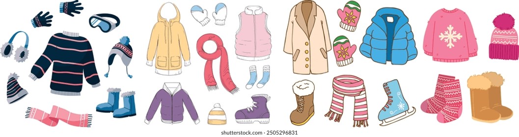 Winter clothes set. Cartoon winter wardrobe with casual and elegant clothing, male and female cold weather outfits. Vector winter wardrobe with footwear, coats, bags warm hats and sweaters