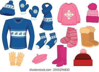 Winter clothes set. Cartoon winter wardrobe with casual and elegant clothing, male and female cold weather outfits. Vector winter wardrobe with footwear, coats, bags warm hats and sweaters