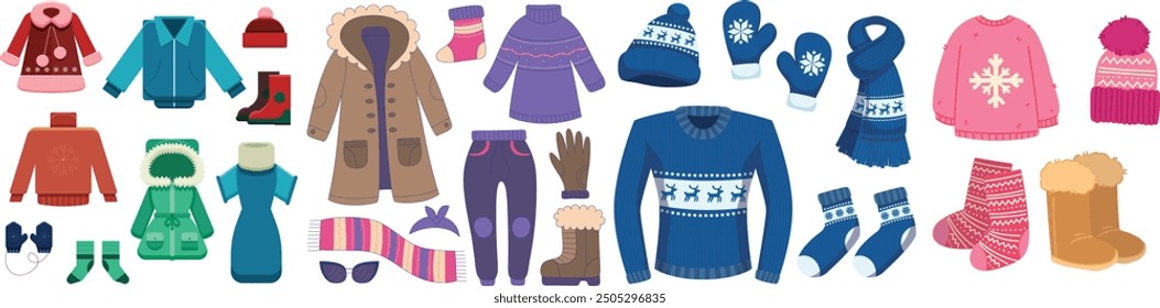 Winter clothes set. Cartoon winter wardrobe with casual and elegant clothing, male and female cold weather outfits. Vector winter wardrobe with footwear, coats, bags warm hats and sweaters