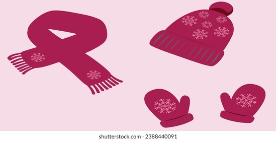 Colección de ropa de invierno. Juego de invierno, gorra, bufanda y guantes, vector