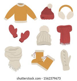 Winter clothes set. Collection of vector clothing items for cold weather. Flat illustration of knitted warm sweater, hats, gloves, scarves, boots