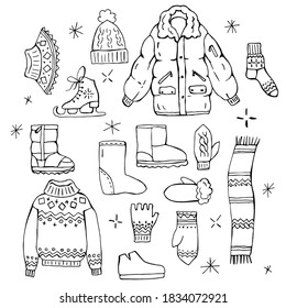 Winter clothes set. Doodle. Linear drawing. Socks, hats, jacket, sweater, ugg boots, etc. Clothes for cold weather
