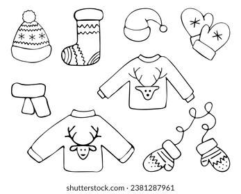 Winter clothes. Set of hand drawn vector doodles. Santa stocking cap. Knitted hat. Christmas sock. Scarf. Mitten. Christmas design elements, icon set  in sketch style isolated on white background. 