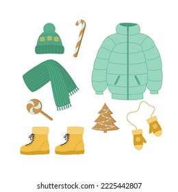 Winter clothes set hat, shoes, scarf, jacket, mittens. Flat style. Vector illustration 