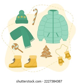 Ropa de invierno pone sombrero, zapatos, bufanda, chaqueta, mitones. Estilo plano. Ilustración del vector 