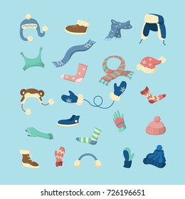 Winter clothes set. Hats and scarves, shoes and gloves.