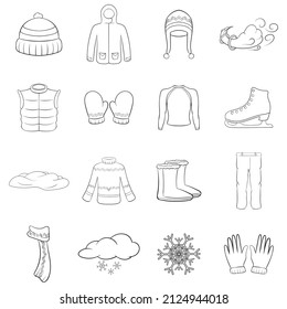 Winter clothes set icons in outline style isolated on white background