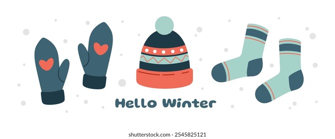 Winter clothes set. Knitted accessories for winter and autumn. Hat, mittens, socks. Winter woolen clothes collection. Warm outerwear in blue and coral colors. Lettering Hello winter. Vector