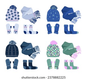 Winter clothes set. Socks, scarf, mittens and hat. Vector flat illustration. Isolated on white background.