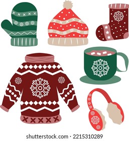 winter clothes set sweater sock beanie mug tea headphone illustration