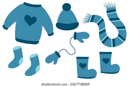Winter clothes set. Sweater, socks, boots, scarf, mittens, hat. Vector flat illustration.