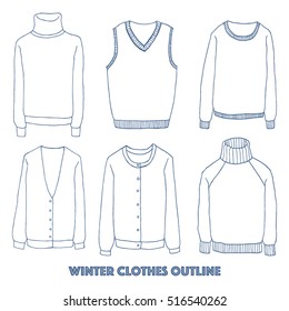 Winter clothes set,Outline hand drawing doodles, Vector illustration.