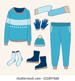 Winter clothes set,Outline hand drawing doodles, Vector illustration.