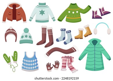 Winter clothes, shoes and accessories vector illustrations set. Cartoon drawings of jacket, coat, jumpers, socks, hats, boots isolated on white background. Winter, seasons, fashion concept