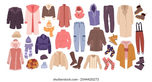 Winter clothes and shoes for fashion outfits set. Cold season wardrobe collection with casual wear for men and women, coat and scarf, wool hat and sweater, boots and socks cartoon vector illustration