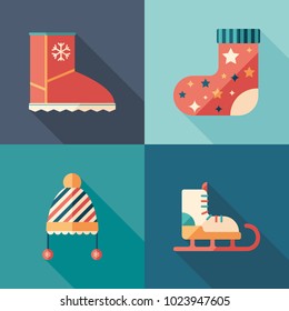 Winter clothes and shoes flat square icons set.