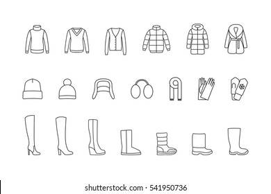 Winter Clothes, Shoes Line Icons Set. Vector