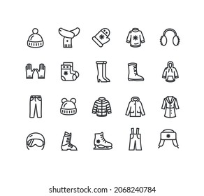 Winter Clothes Sign Black Thin Line Icon Set nclude of Glove and Jacket. Vector illustration of Icons