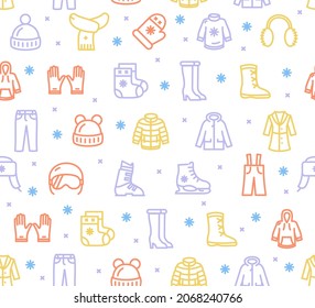 La ropa de invierno firma el color de la línea delgada señaliza el fondo de un patrón sin brillo en un blanco. Ilustración vectorial de la temporada de moda