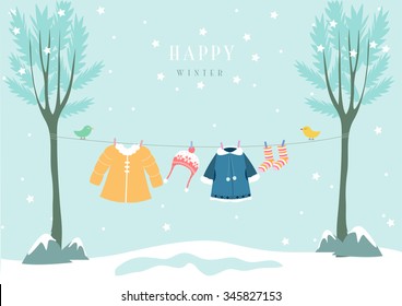 Winter Clothes In Snow Forest, Design For Baby Cards