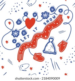 Ropa de invierno y copos de nieve ilustraciones vectoriales sin fisuras 