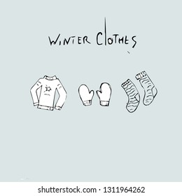 Winter clothes vector illustration, pencil drawing - sweater, mittens and socks