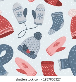 Winter Clothes Vector Seamless Pattern. Christmas Hand Drawn Background With Knitted Hats, Mittens And Scarf