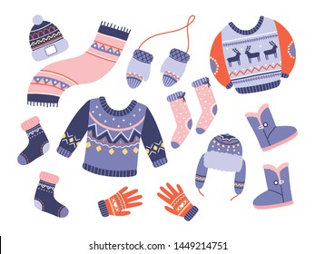 Winter clothes vector set isolated on white background. Hand drawn collection of cozy clothing items. Scarf, sweaters, gloves, socks, hats in scandinavian style. Flat cartoon illustration. 