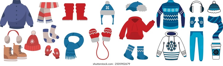 Winter clothes. Winter wardrobe with casual and stylish clothes, cold clothes for men and women. Vector winter wardrobe with shoes, coats, bags warm hats and sweaters