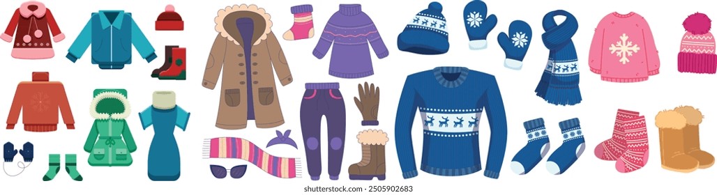 Winter clothes. Winter wardrobe with casual and stylish clothes, cold clothes for men and women. Vector winter wardrobe with shoes, coats, bags warm hats and sweaters