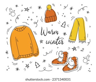 Winter clothes and warm accessories banner. Hand drawn vector illustration of winter clothes in doodle style. Casual warm clothes. Poster with inscription warm water and elements winter wardrobe