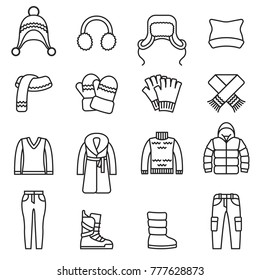 Winter clothes, Warm clothes  isolated line icons set with white background. Thin Line Style stock vector.