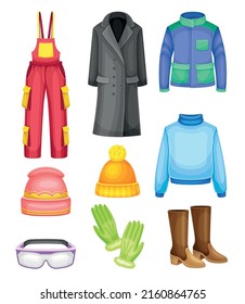 Winter Clothes and Warm Outerwear with Coat, Boots and Hat as Protection Against Cold Weather Vector Set