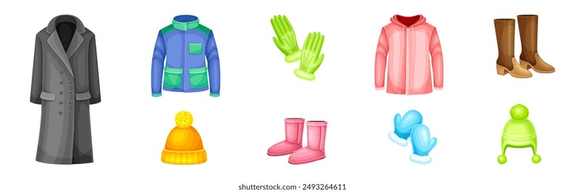 Winter Clothes and Warm Outerwear as Protection Against Cold Weather Vector Set