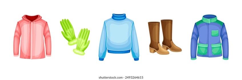 Winter Clothes and Warm Outerwear as Protection Against Cold Weather Vector Set