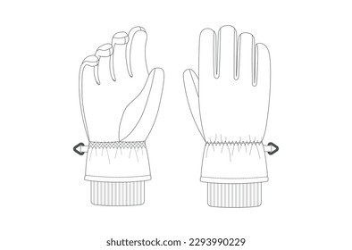 Winter clothing accessories design, black and white flat sketch of winter ski gloves. Glove technical drawing template.