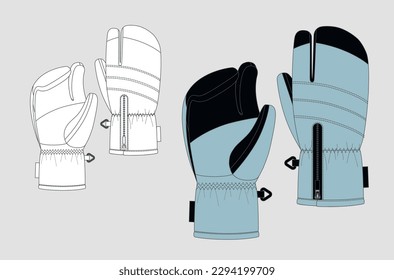 Winter clothing accessories design black and white flat sketch of ski gloves. color blue ski gloves technical drawing template