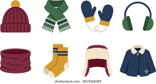 Winter Clothing Accessories Flat Icon Set with Hat Scarf Mittens Socks Earmuffs and Warm Apparel.eps