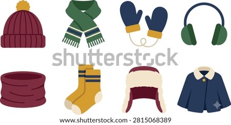 Winter Clothing Accessories Flat Icon Set with Hat Scarf Mittens Socks Earmuffs and Warm Apparel.eps