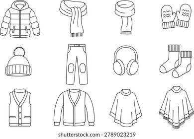 Winter clothing accessory hand drawn sketch icon collection in black white style